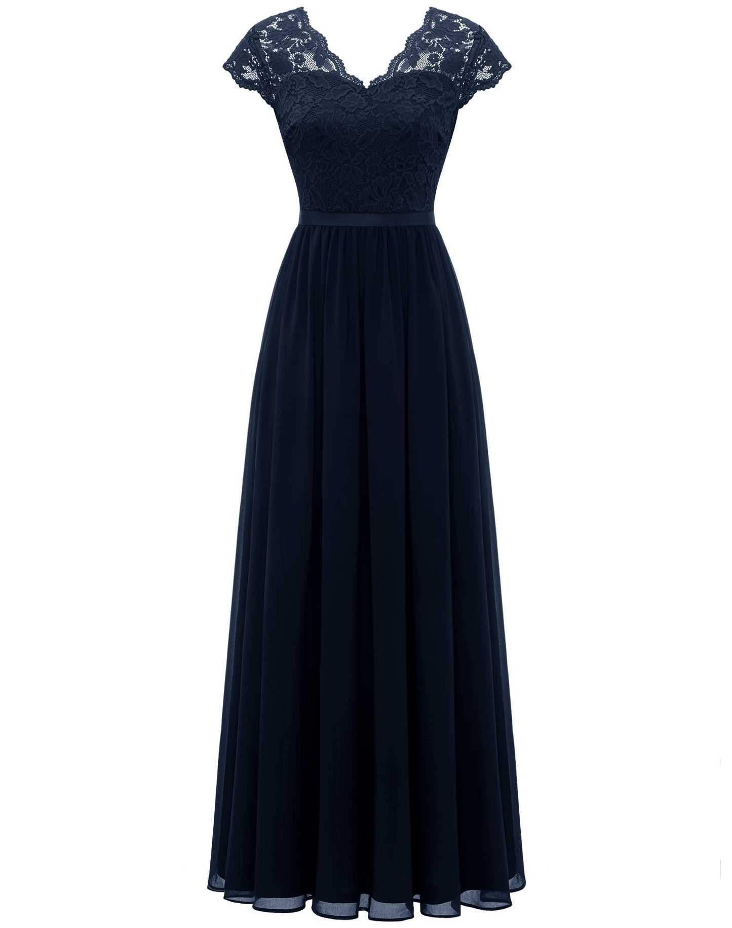 Elegant black maxi dress with intricate lace stitching detailing and flattering floor-length silhouette