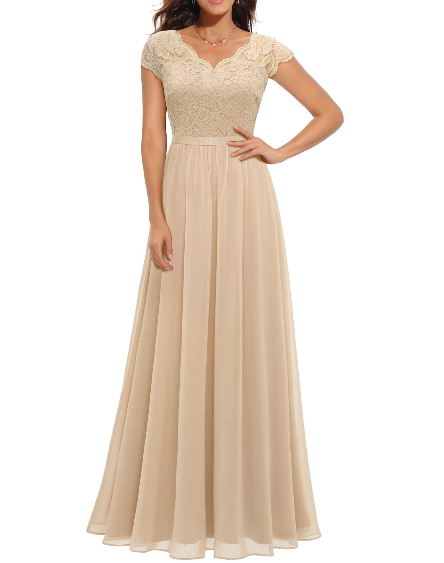 Elegant women's maxi dress in lace-stitching detail, flattering fit with intricate romantic floor-length silhouette
