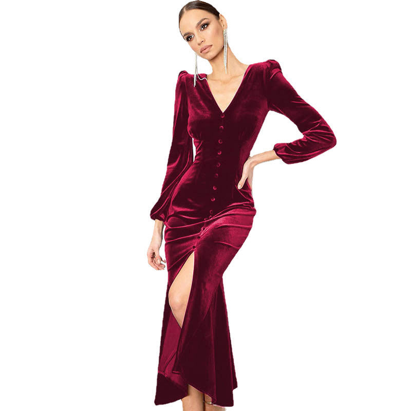 Burgundy velvet maxi dress long sleeve button-front split skirt elegant V-neck evening gown
