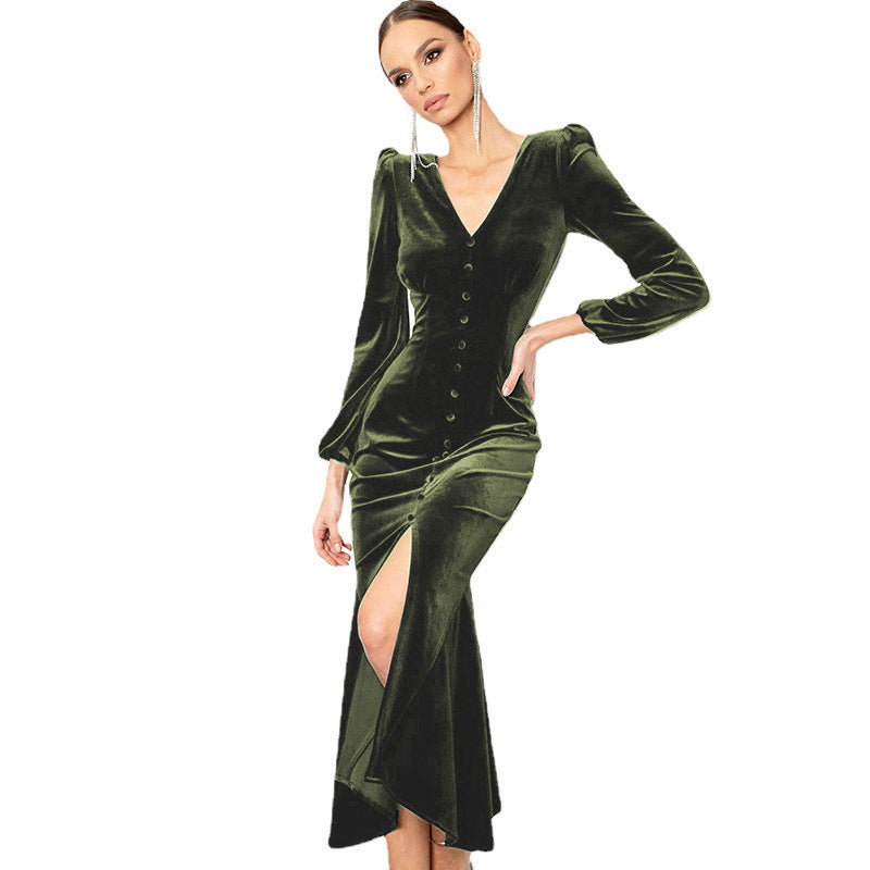 Purple velvet patchwork dress with V-neck and lace hem, elegant evening silhouette with rich texture