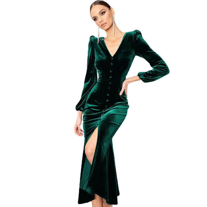 Burgundy velvet long sleeve maxi dress with button front, V-neck, and thigh-high split