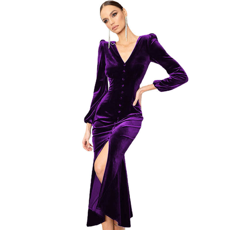 Burgundy velvet maxi dress long sleeves button-front split hem V-neck elegant evening gown