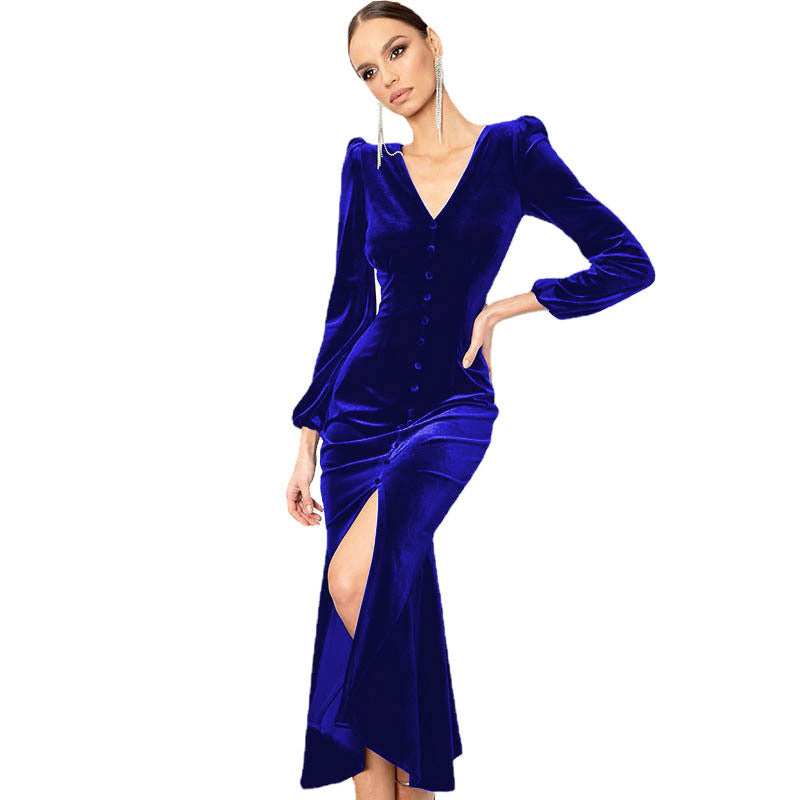 Women's velvet maxi dress long sleeve button-front split hem elegant evening gown