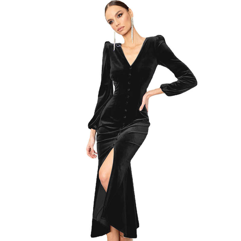 Elegant velvet maxi dress long sleeve button-front split hem V-neck evening gown for women