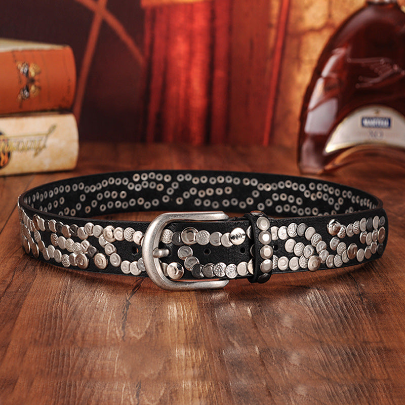 Black leather rivet belt with hammered metal studs, industrial streetwear statement accessory