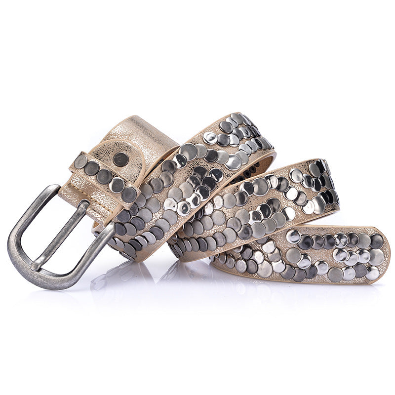 Black leather rivet belt with hammered metal studs, industrial streetwear statement accessory