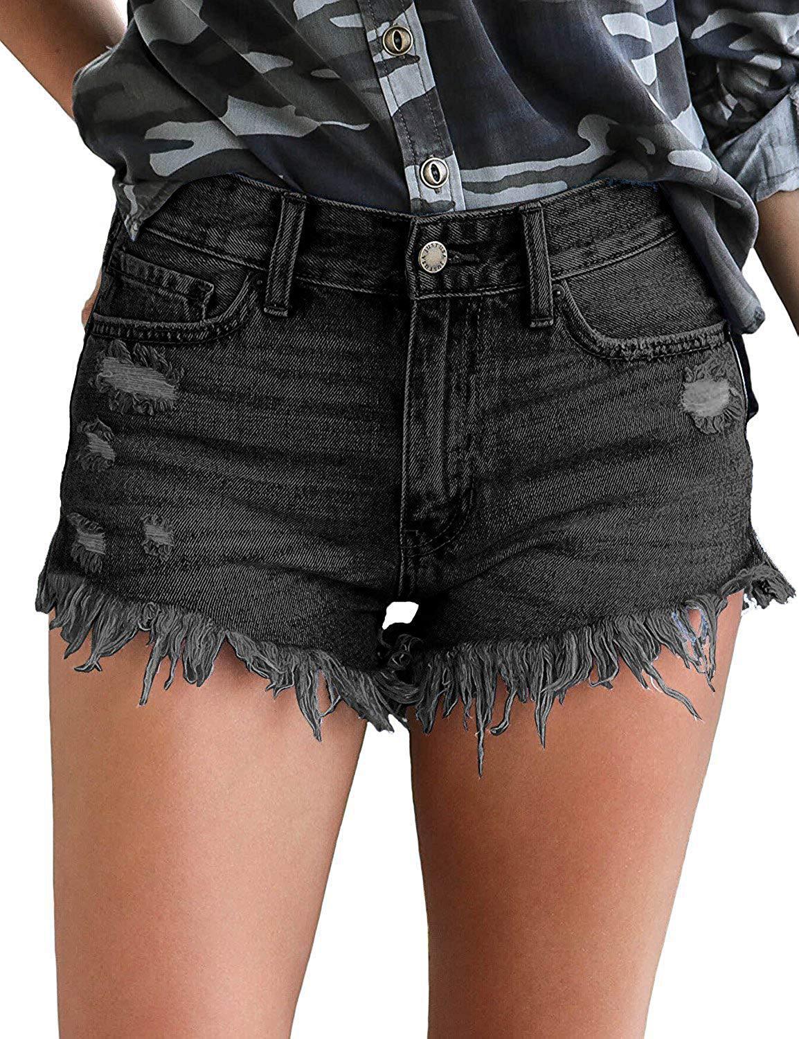 Women's high rise distressed denim shorts with raw hem, flattering stretch fit for summer
