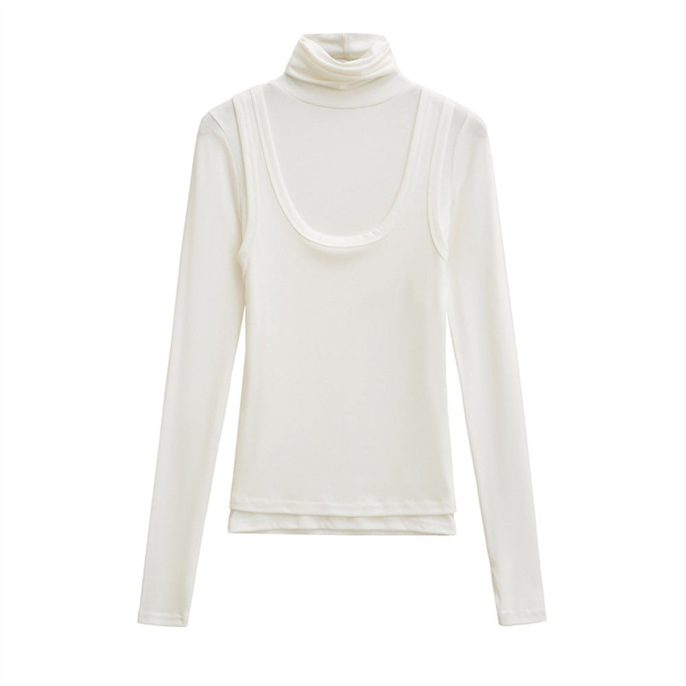 Women's black mock neck jersey top 2-in-1 workwear style with subtle stretch and sleek fit