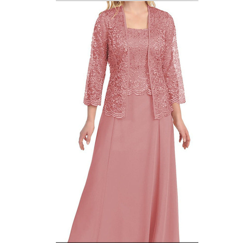 Elegant two-piece mother of bride lace jacket long formal evening gown dress set for women