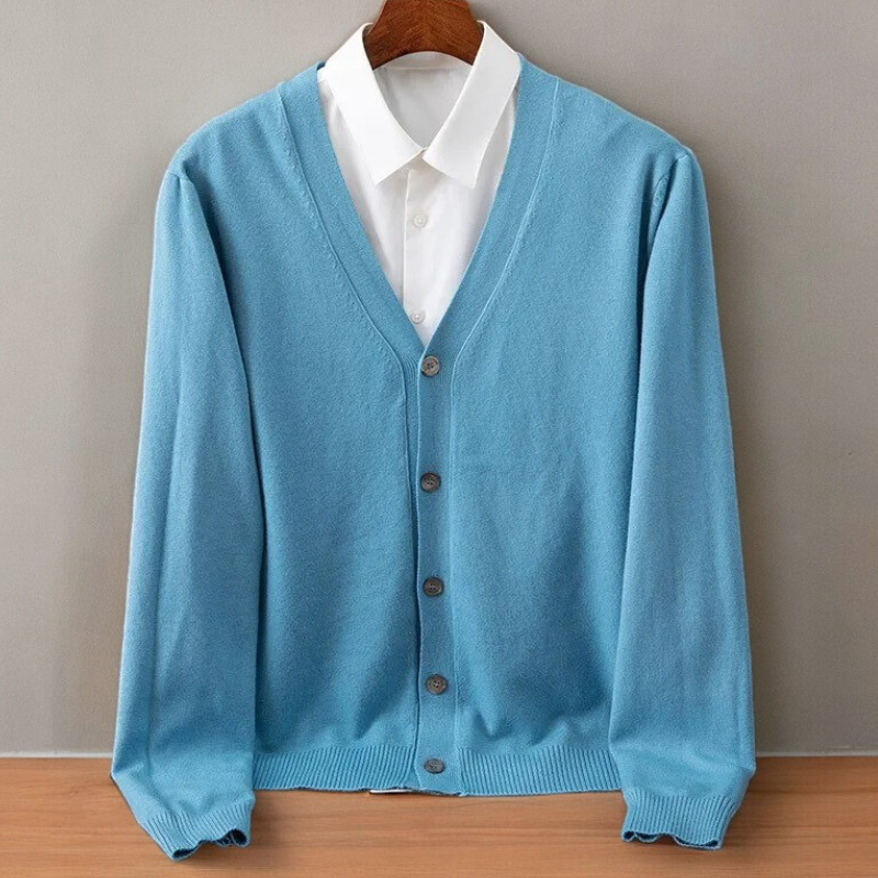 Men's navy blue cashmere cardigan tailored classic fit with refined silhouette and luxurious ultra-soft warmth