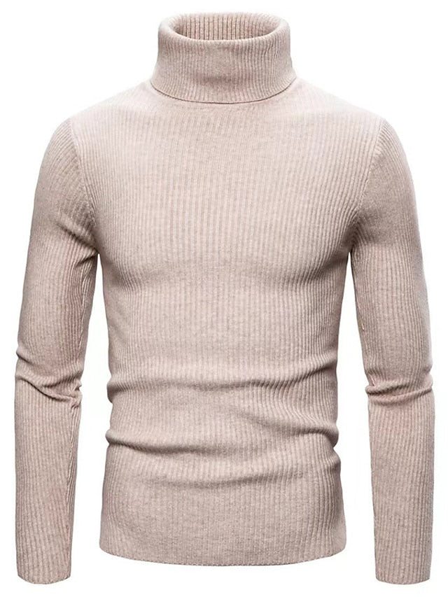 Men's ribbed knit turtleneck sweater classic silhouette layering essential with high neck warmth