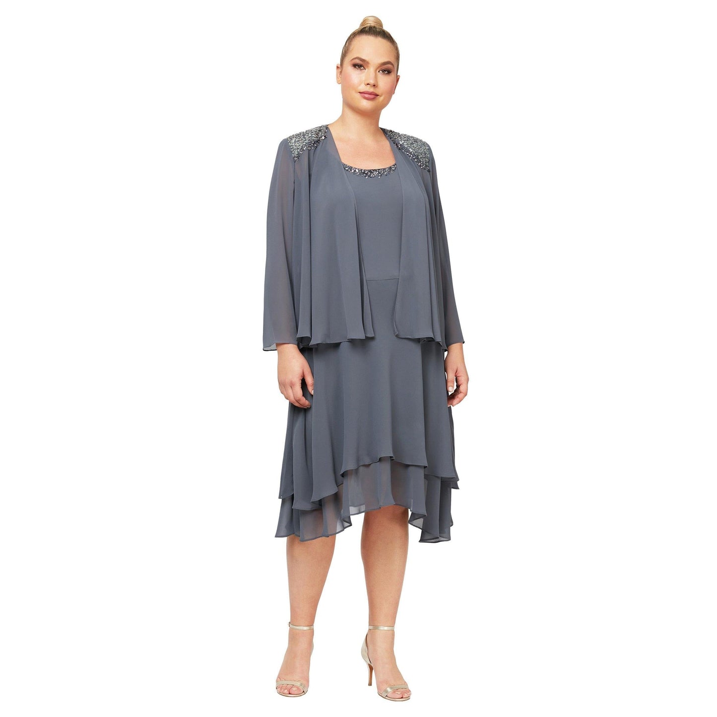 Plus size navy chiffon high-low jacket dress with beaded neckline, elegant mother of bride style