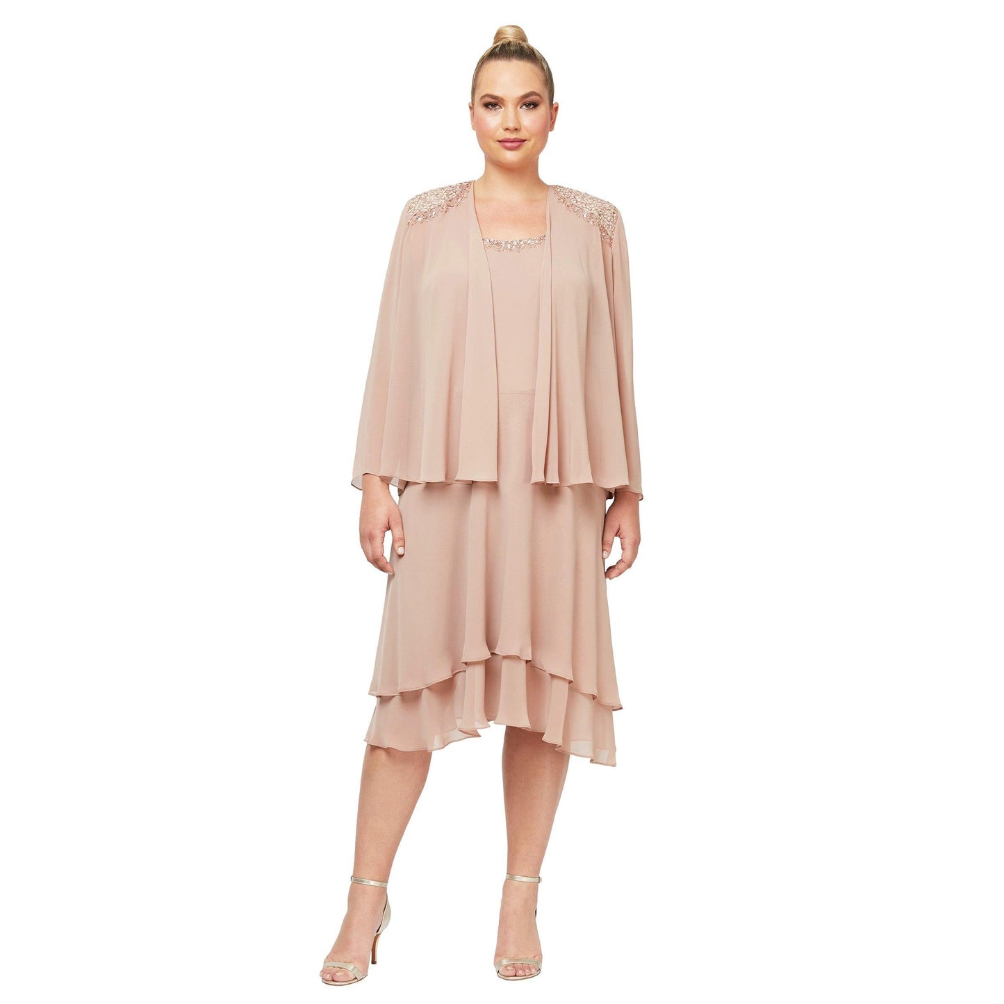 Plus size high-low chiffon jacket dress with beaded neckline, elegant two-piece formal gown