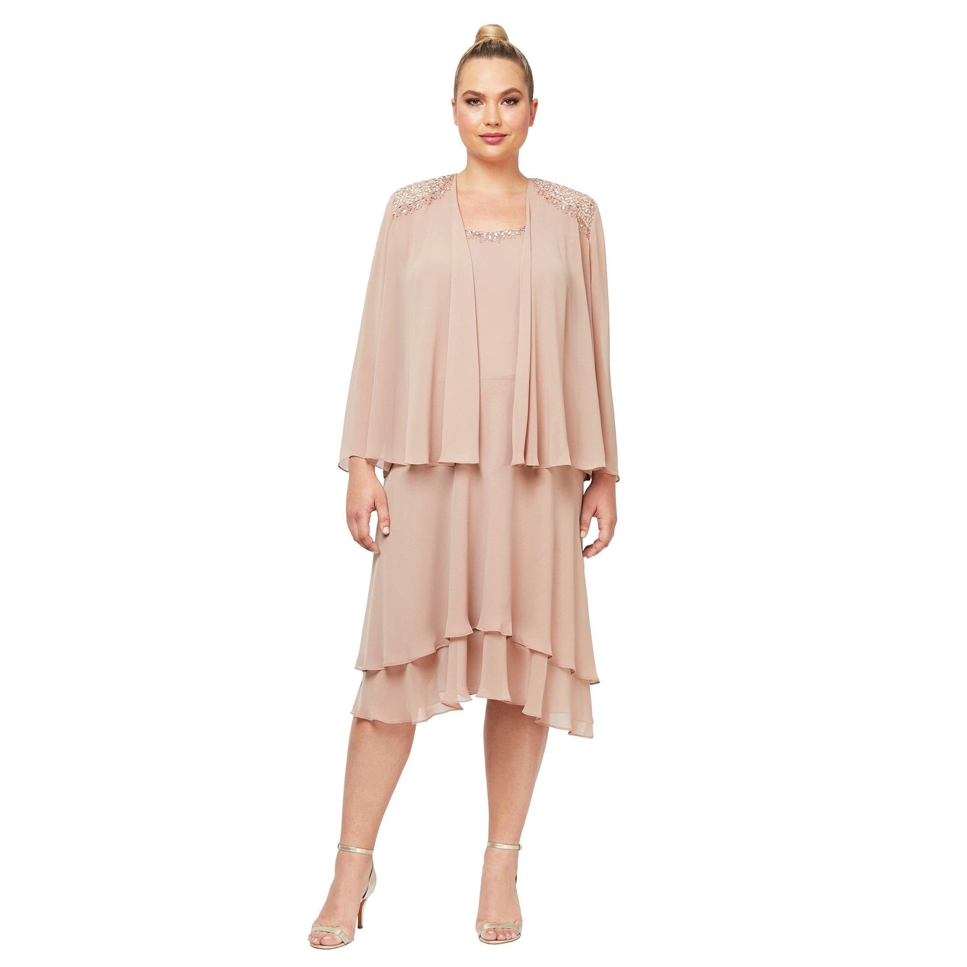 Plus size high-low chiffon jacket dress with beaded neckline, elegant two-piece formal gown