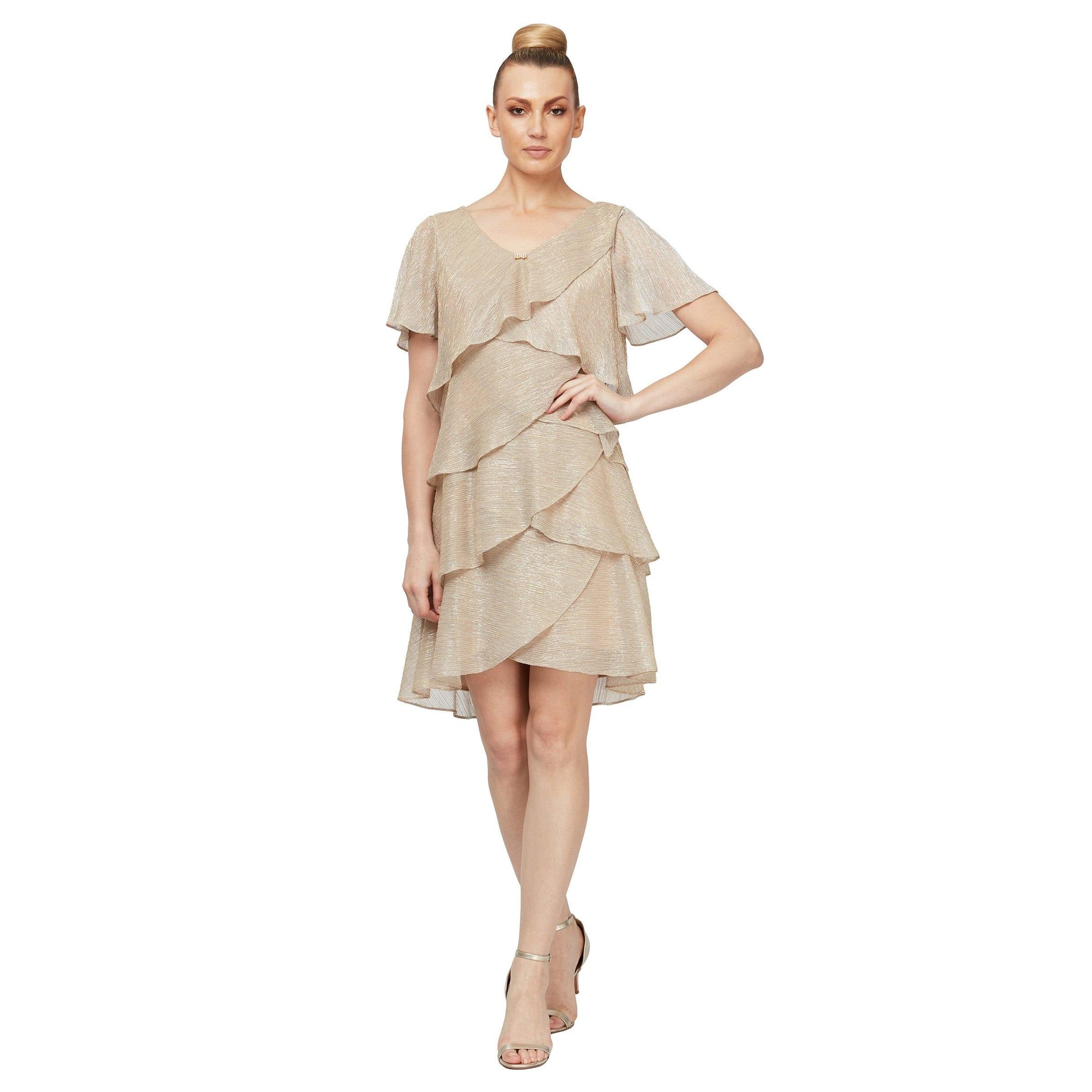 SL Fashions metallic sparkle high-low ruffle dress tulip layers V-neck mother of bride gown
