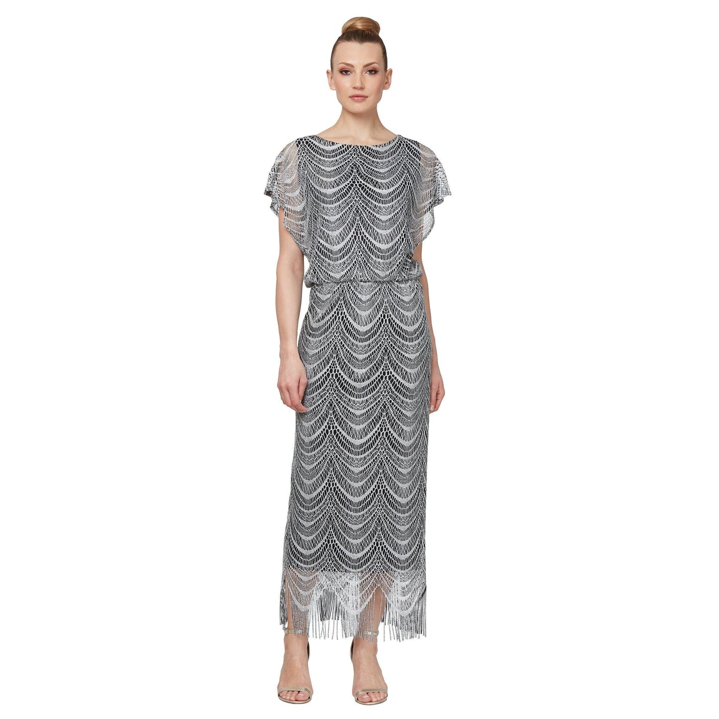 Long metallic glitter knit blouson dress flutter sleeves fringe hem mother of bride formal gown