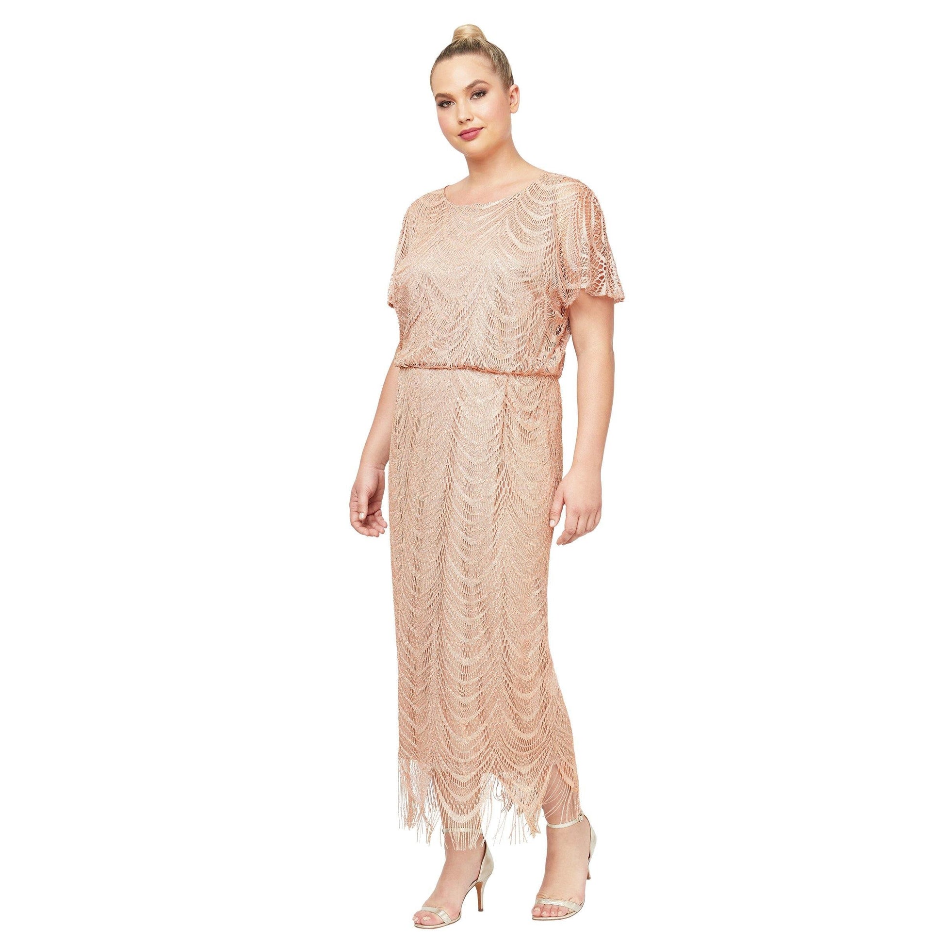 Plus size blouson floor-length gown with crochet metallic fabric, scoop neckline, and invisible zipper