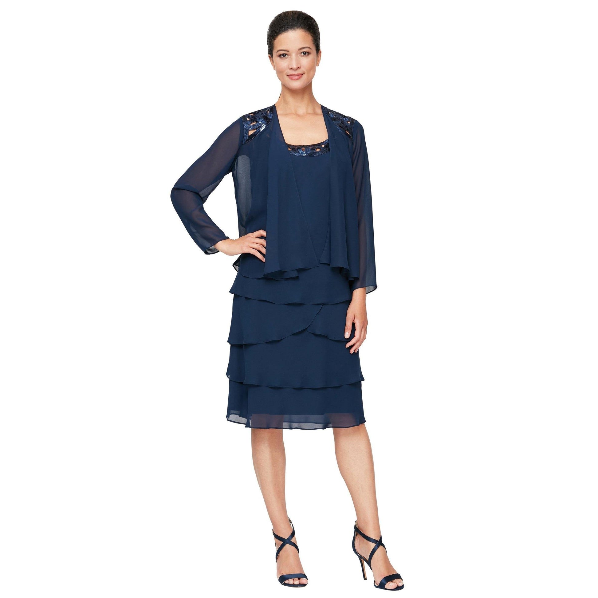 SL Fashions sequin cutout mother of bride knee-length dress colorful ruffles sleeveless chiffon jacket