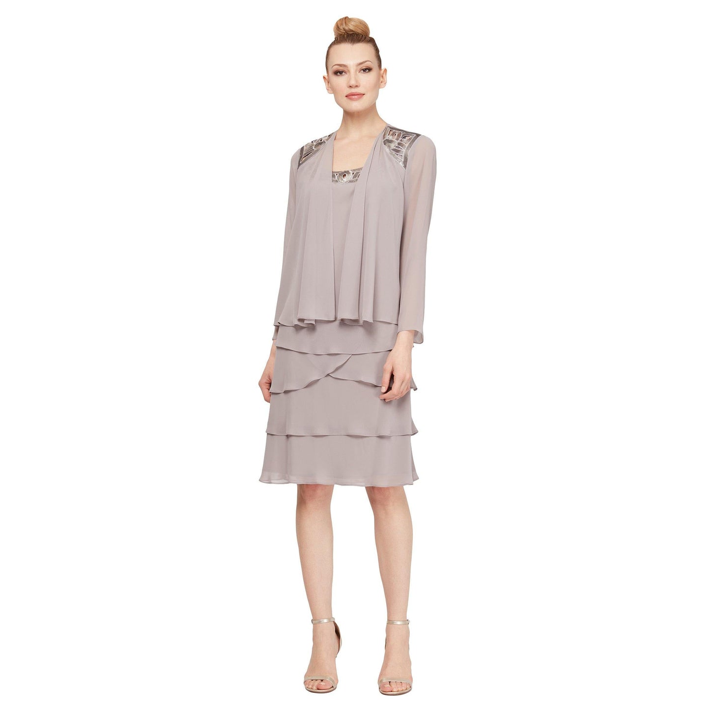 SL Fashions mother of bride knee-length dress sequin cutouts colorful ruffles chiffon jacket