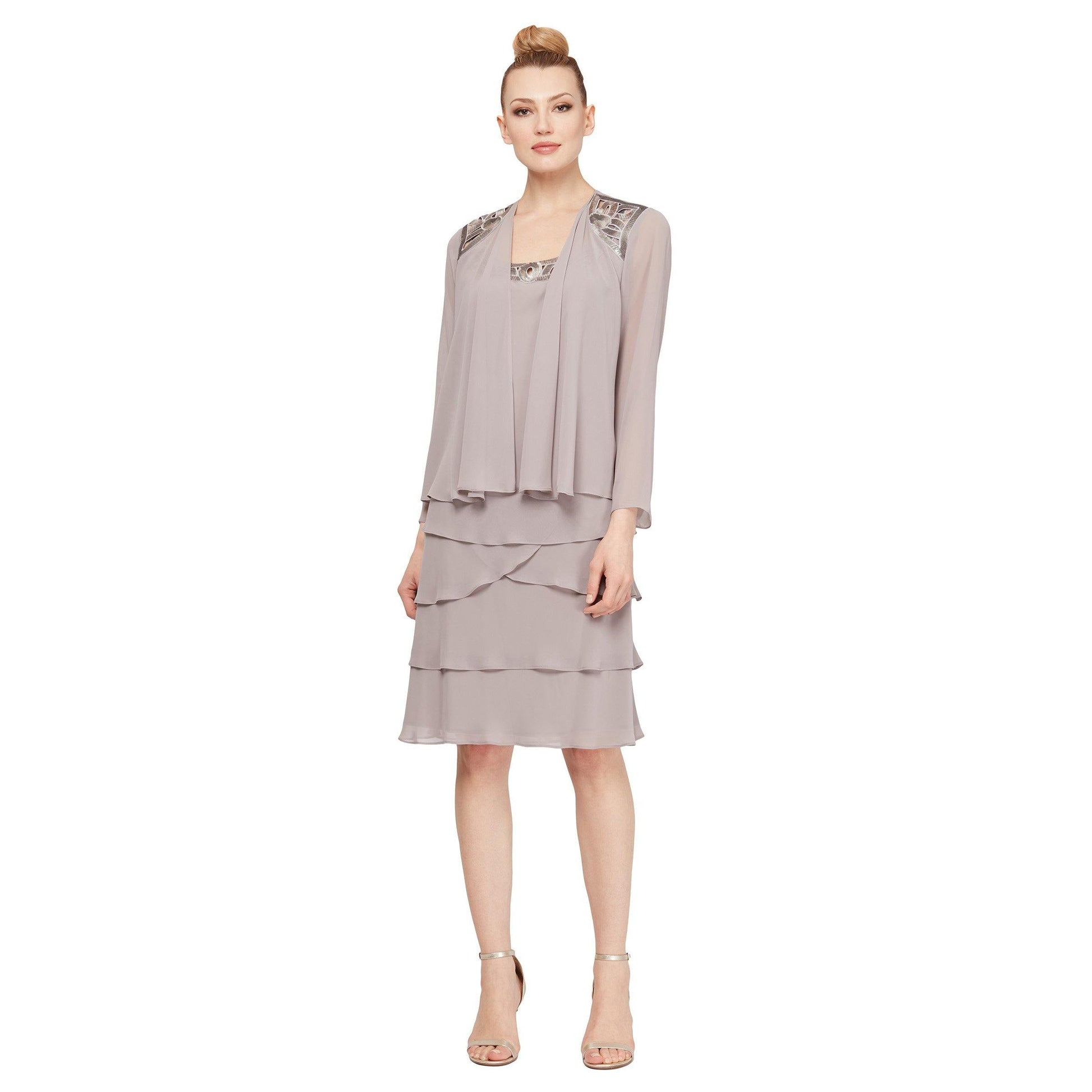 SL Fashions mother of bride knee-length dress sequin cutouts colorful ruffles chiffon jacket