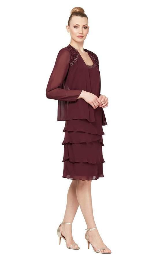 Elegant chiffon knee-length tiered dress with beaded jacket for mother of the bride