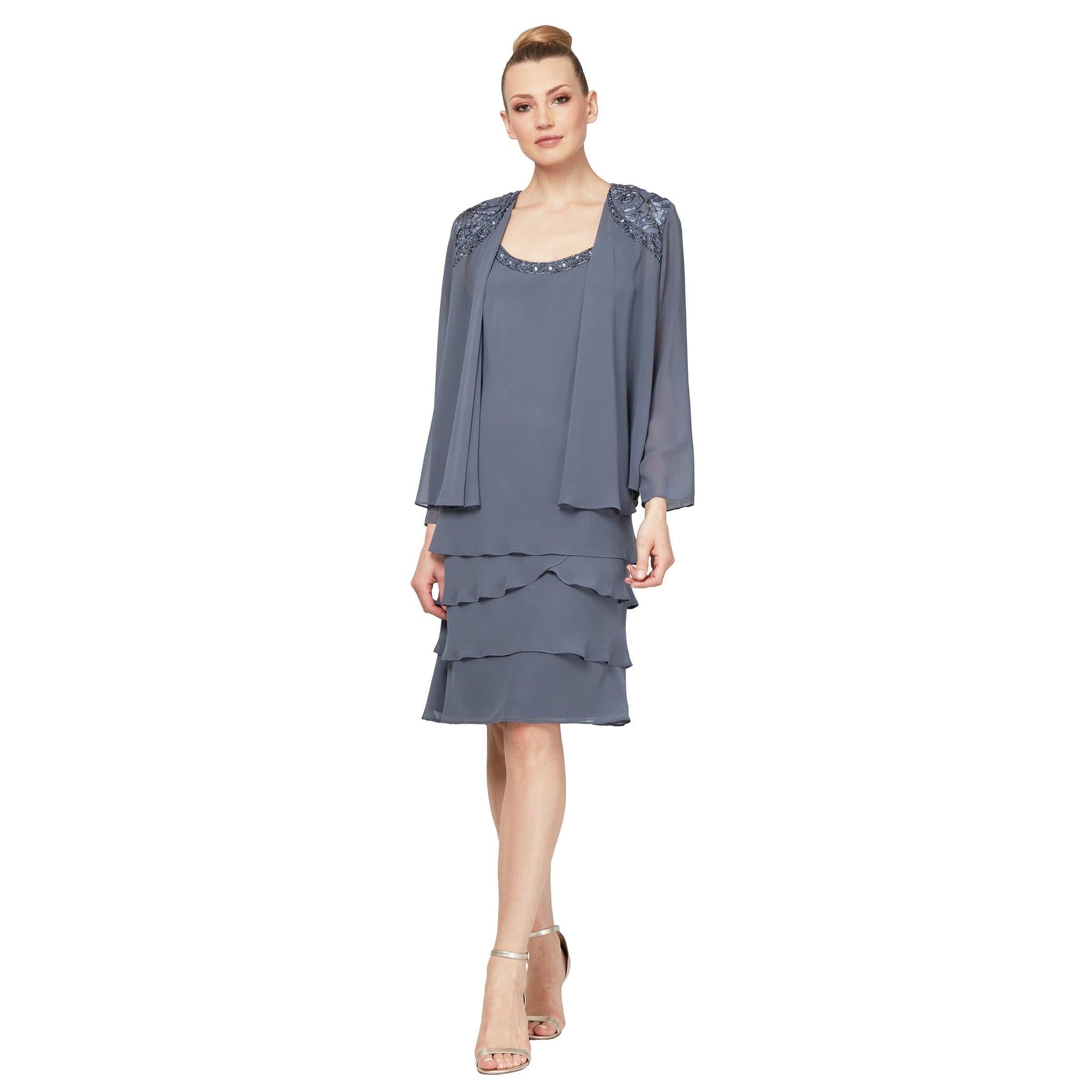 SL Fashions beaded tiered chiffon jacket dress knee-length elegant mother of bride formal gown