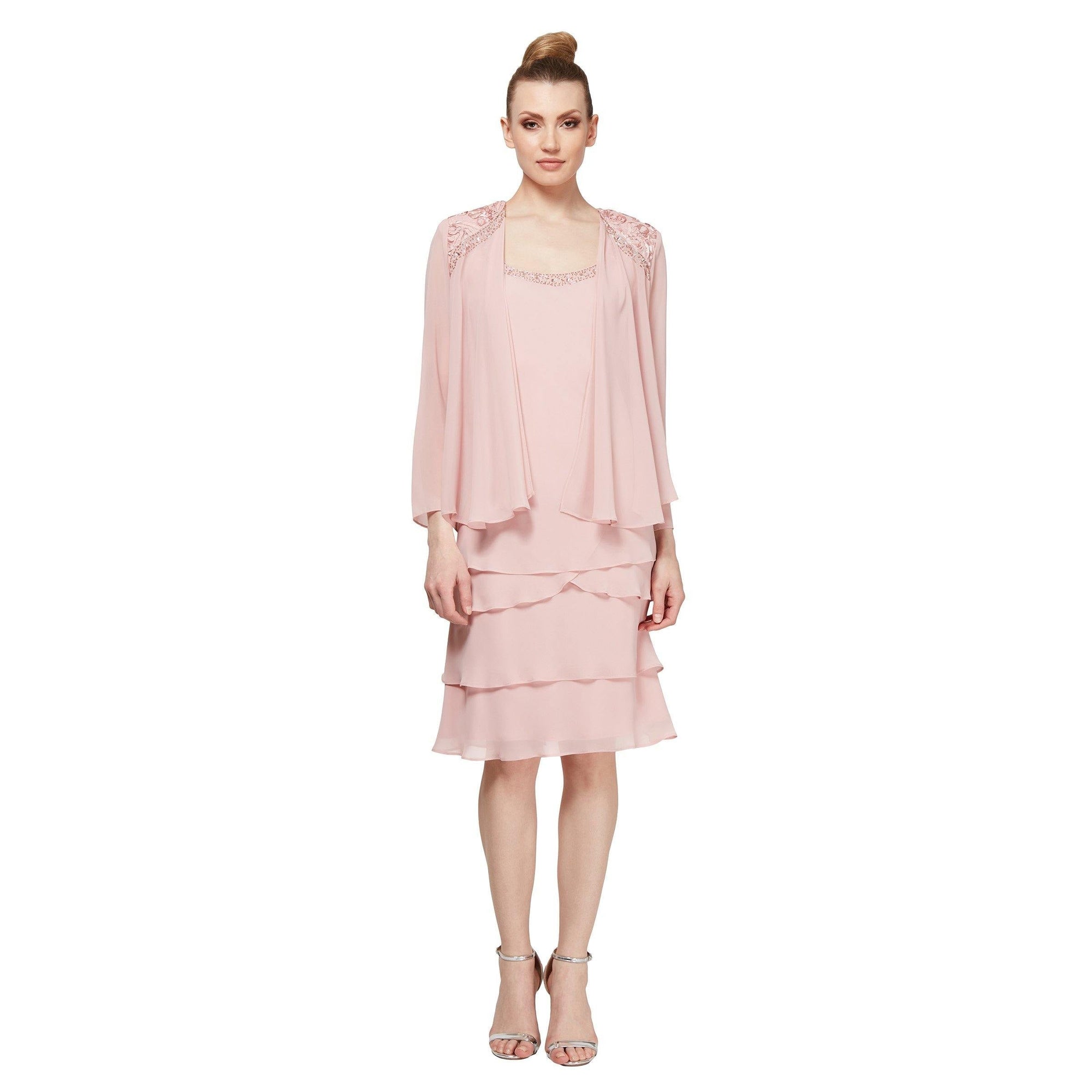 SL Fashions beaded tiered chiffon jacket dress knee-length mother of bride elegant multi-layer skirt