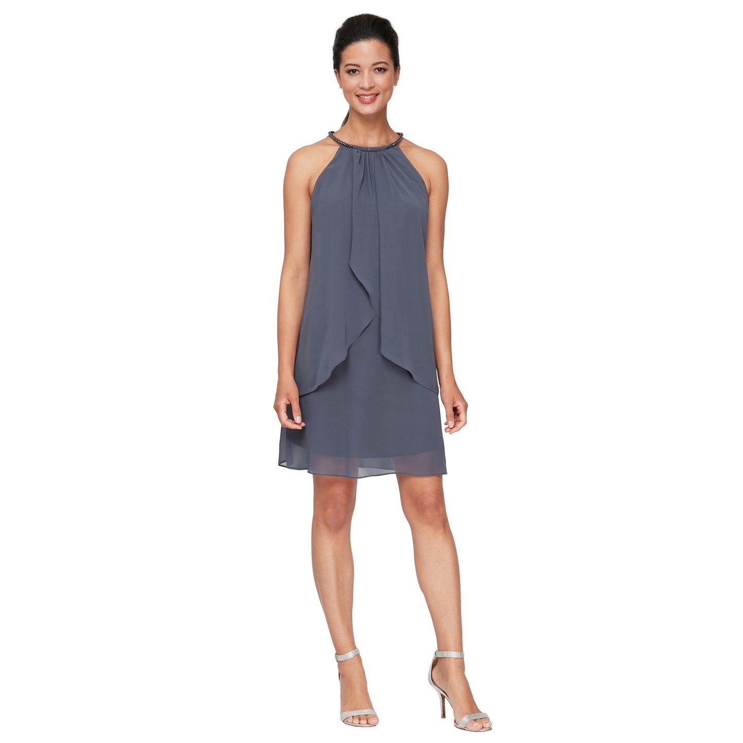 SL Fashions short chiffon cocktail dress halter neckline sheer pearl ribbon above-knee elegant