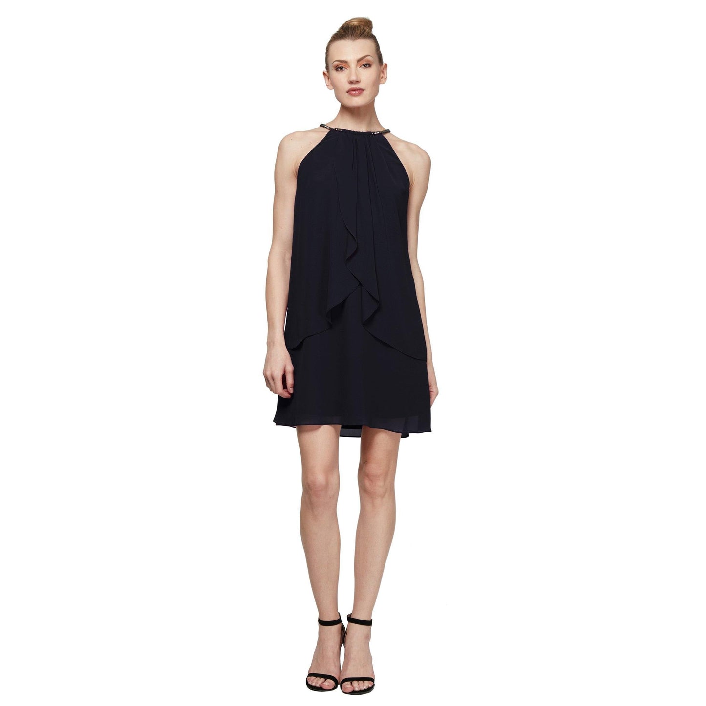 SL Fashions short chiffon cocktail dress halter neckline sheer pearl ribbon elegant mini silhouette