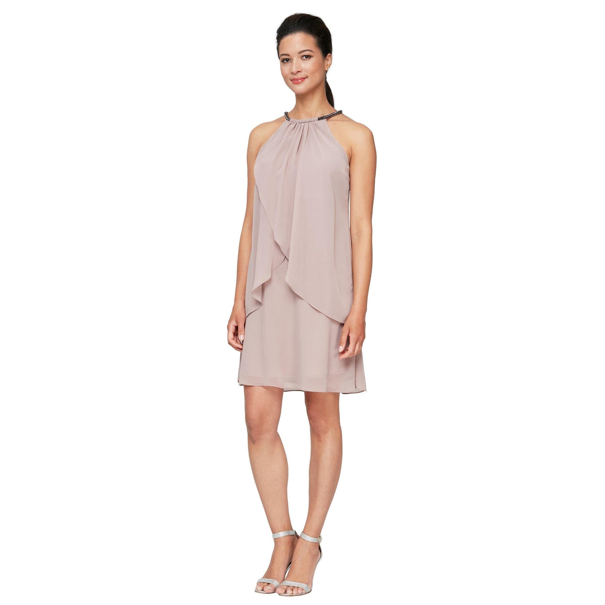 SL Fashions short chiffon cocktail dress with sheer pearl ribbon halter neckline, elegant mini silhouette