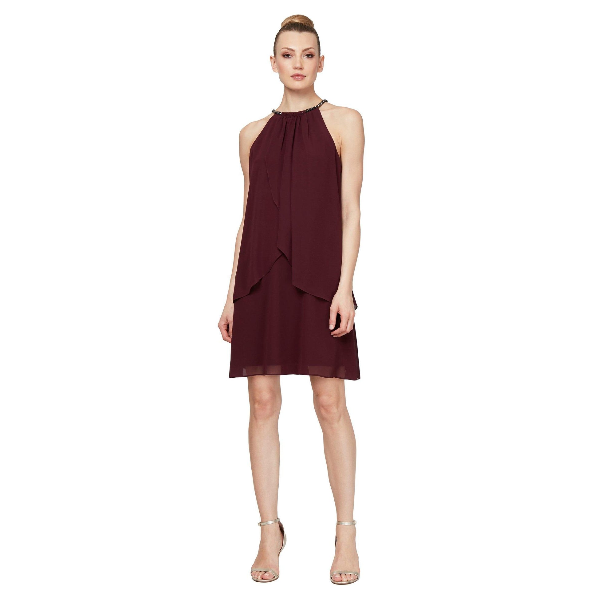 SL Fashions short chiffon cocktail dress halter neckline sheer pearl ribbon elegant mini