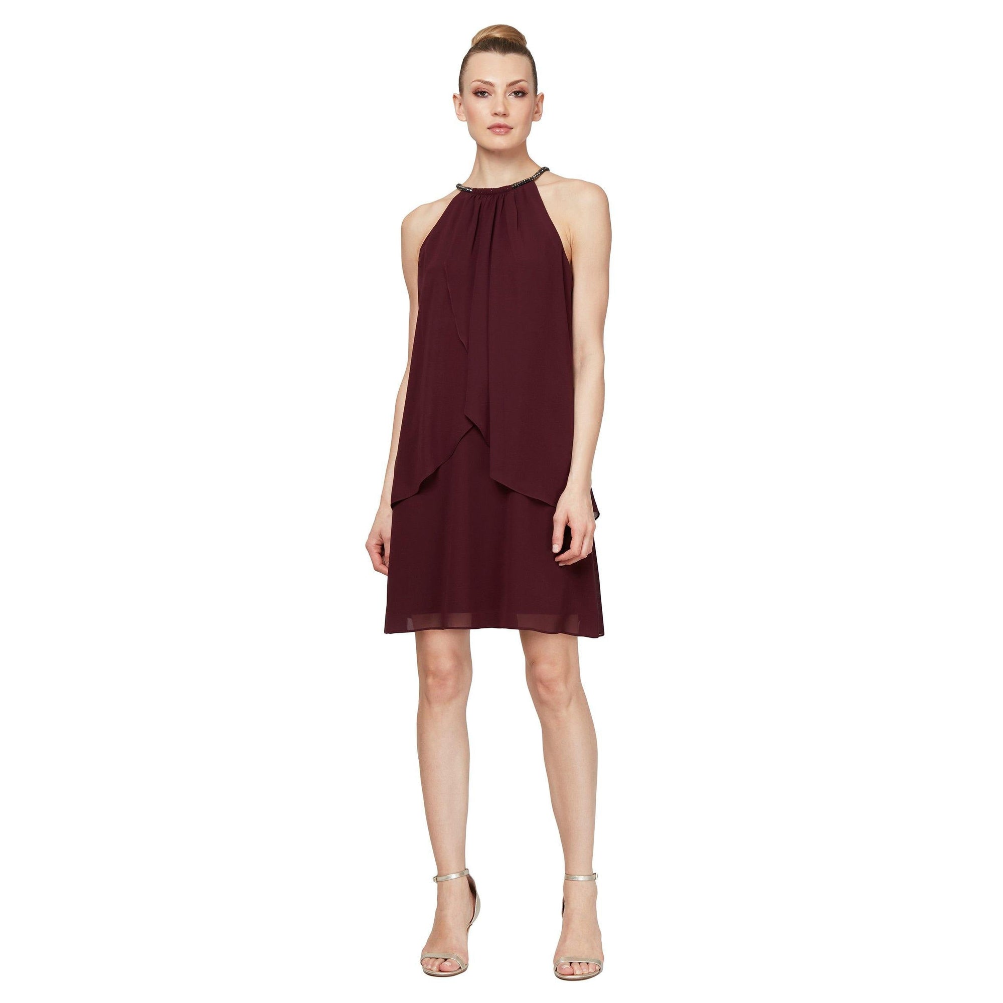 SL Fashions short chiffon cocktail dress halter neckline sheer pearl ribbon elegant mini