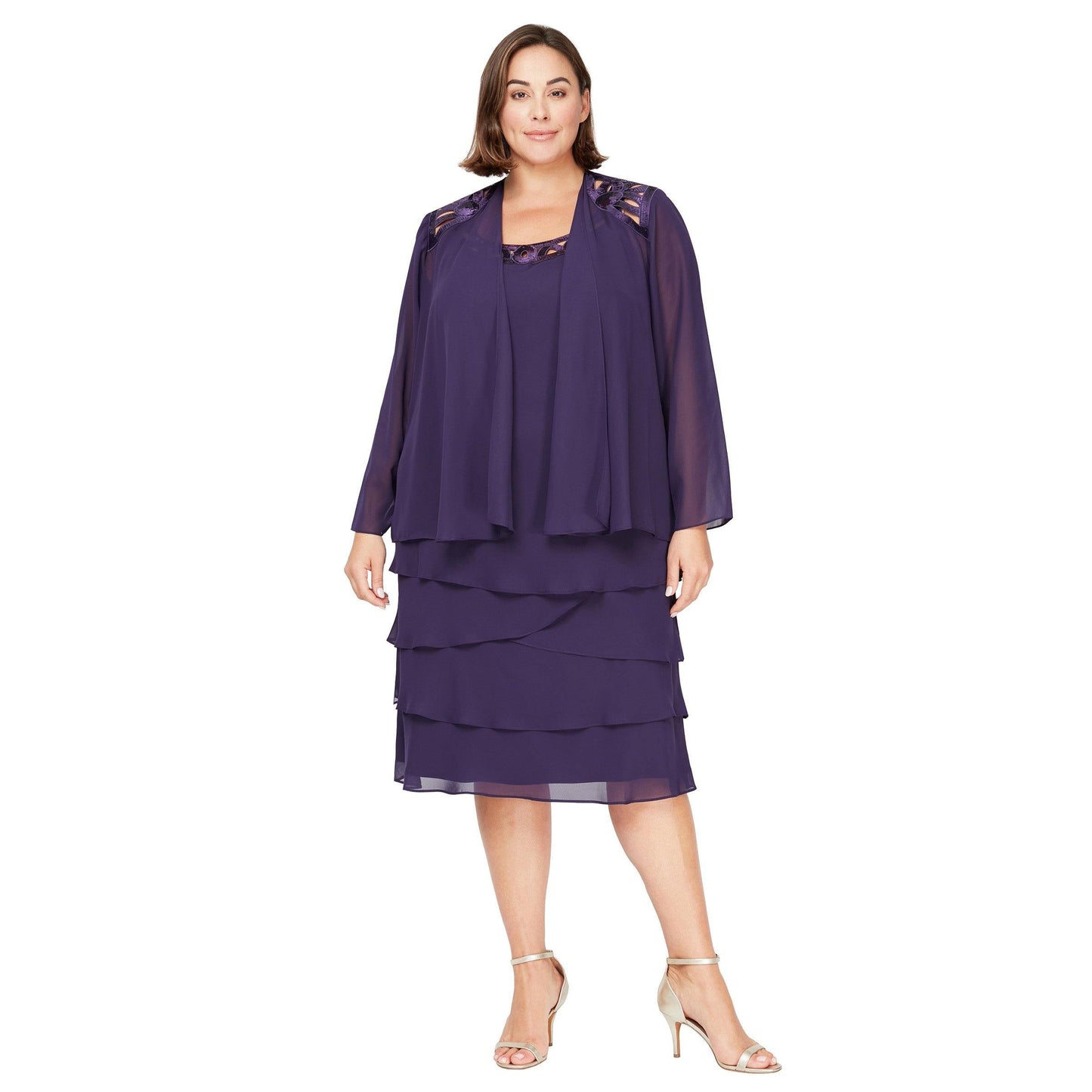Navy blue knee-length mother of bride dress with sequined neckline and matching elegant jacket