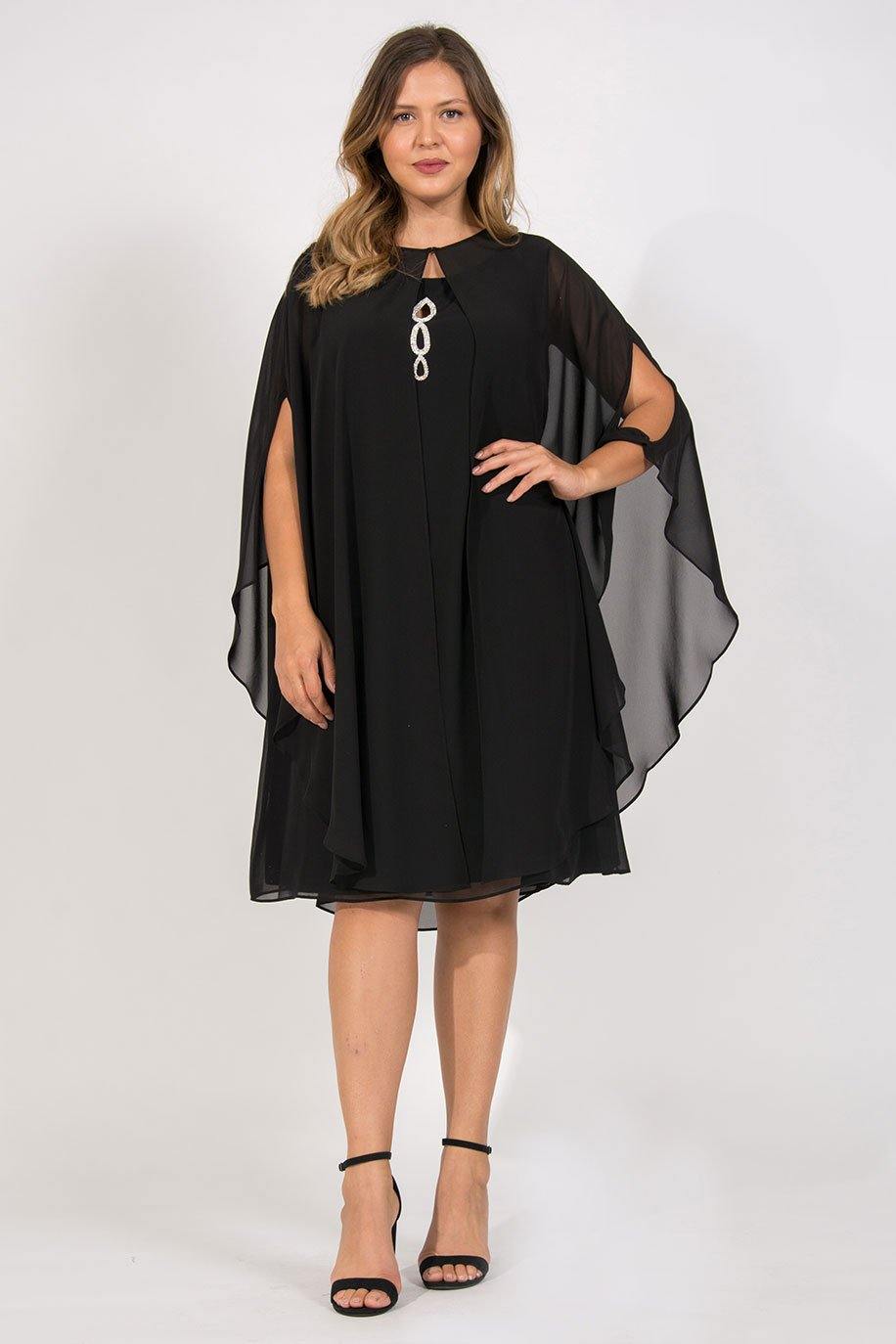 SL Fashions knee-length chiffon mother-of-bride dress with mesh cardigan and beaded keyhole front