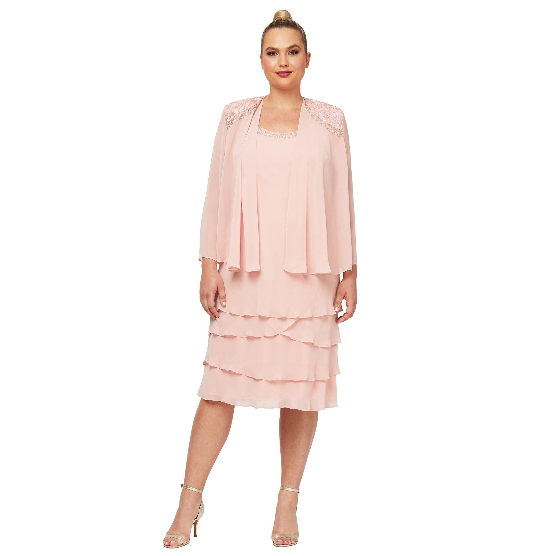 Navy chiffon knee-length Mother of the Bride dress with matching jacket, sleeveless two-piece formal style
