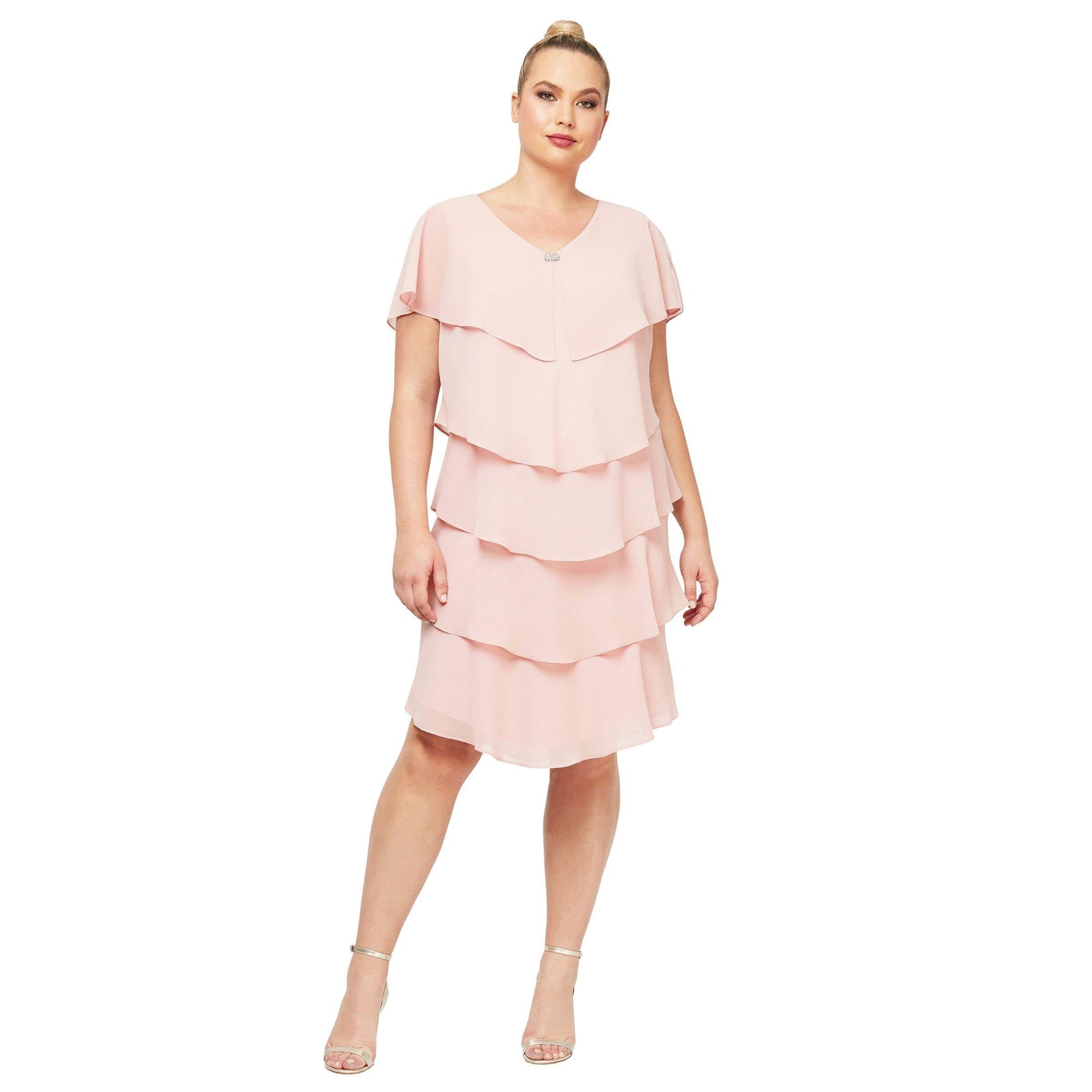 Plus size georgette cape sleeve tiered knee-length dress in elegant formal style for mother of bride