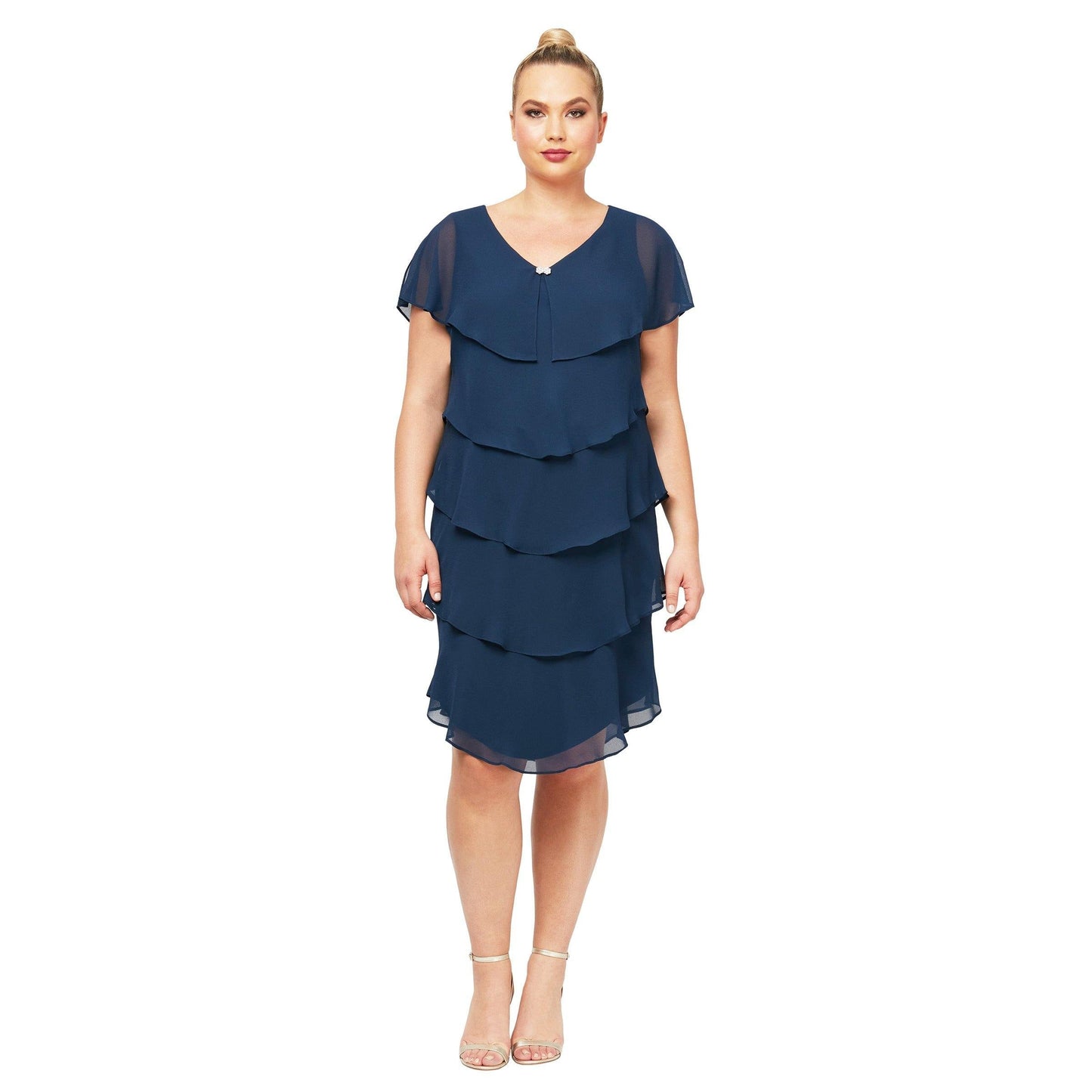 Plus size georgette short cape sleeve dress in tiered knee-length silhouette for mother of bride