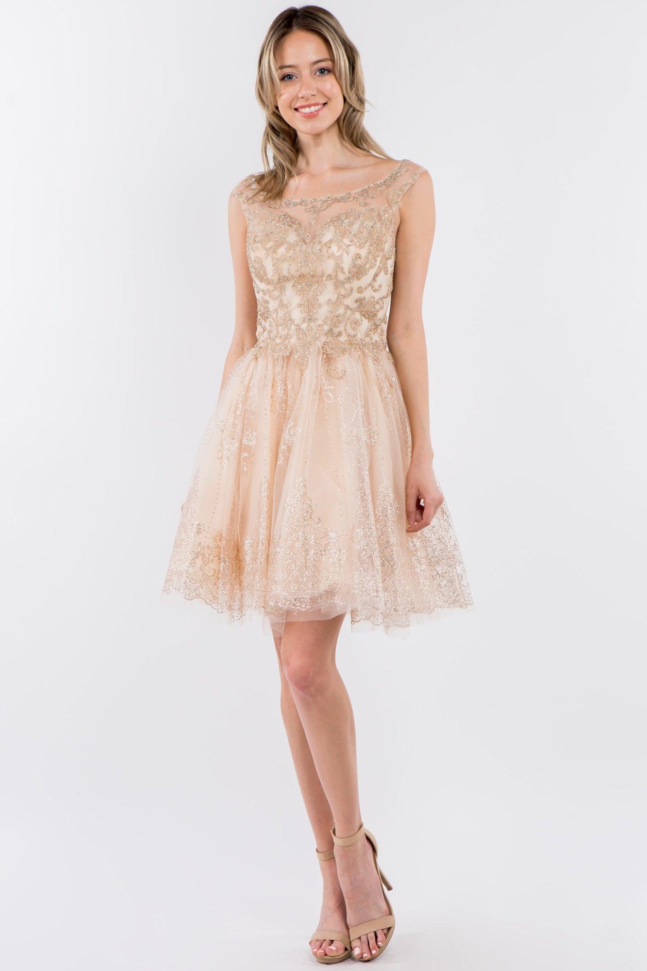 Sleeveless glitter A-line mini dress with embroidered bodice and shimmering mesh skirt for prom