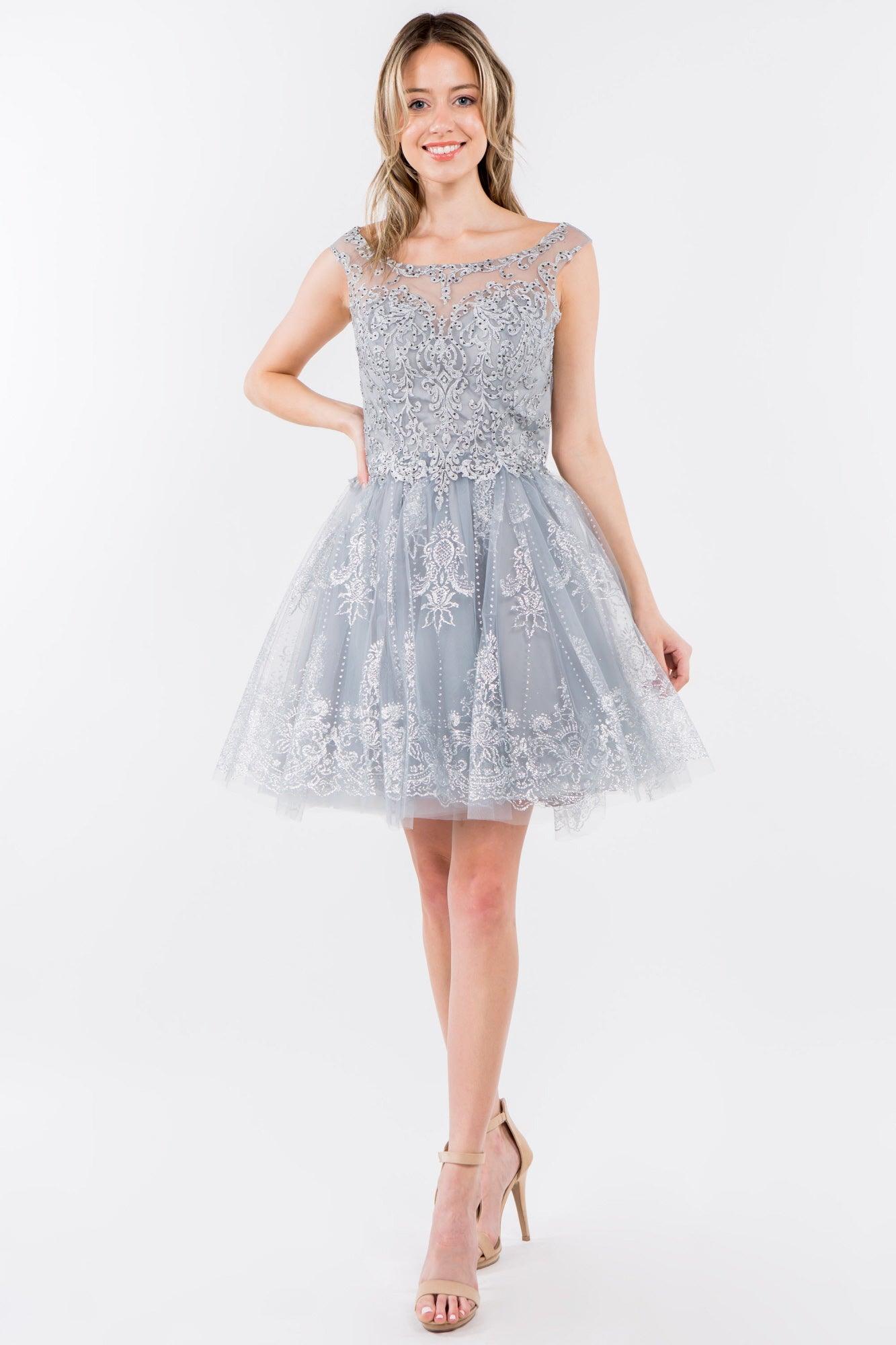 Sleeveless glitter A-line mini dress with embroidered bodice and shimmering mesh skirt for prom