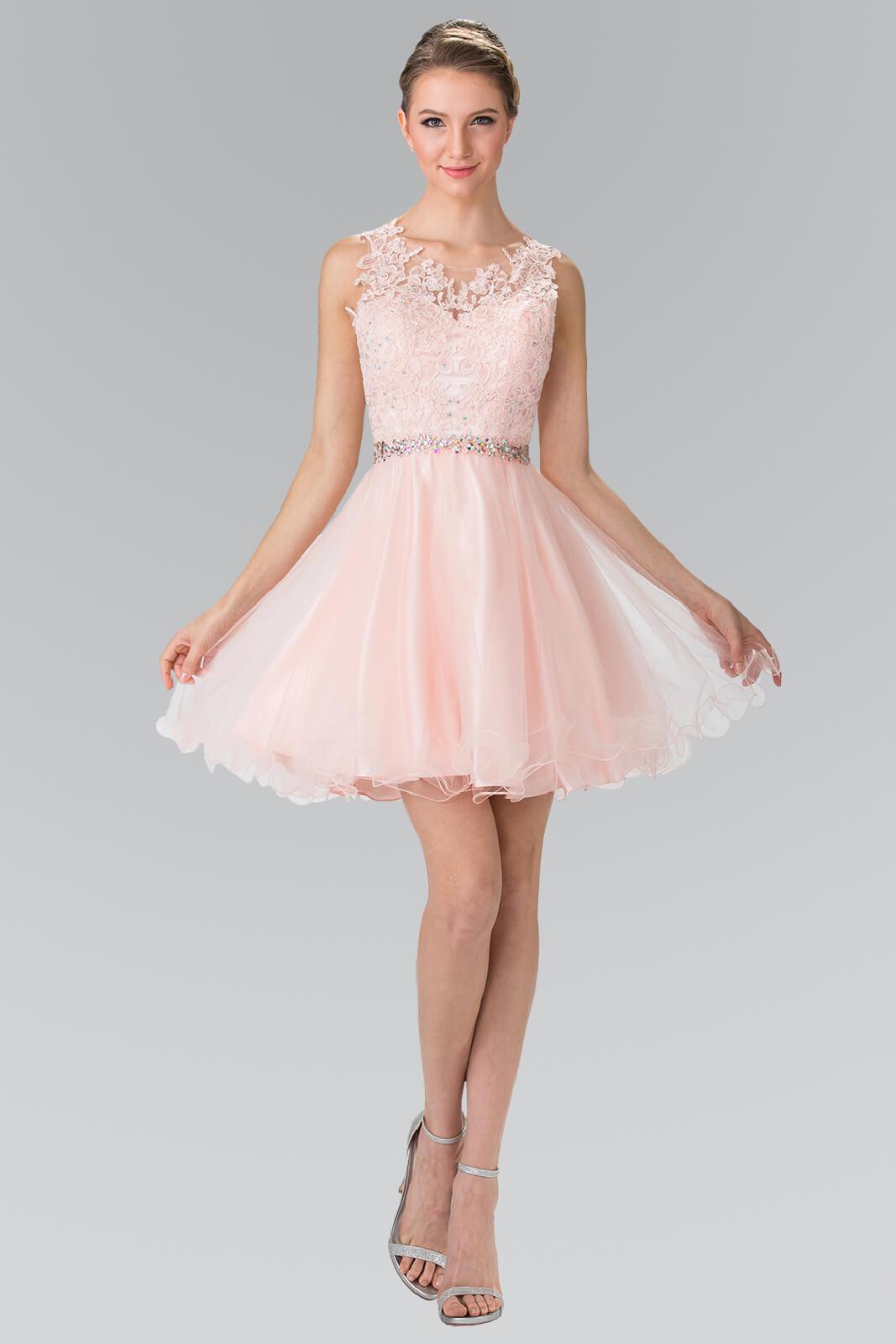 Black navy blush sleeveless lace tulle short homecoming dress with open back, fully lined formal style