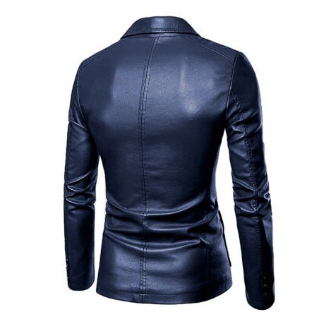 Men's cognac brown lambskin leather blazer with notch lapels and button cuffs slim tailored fit