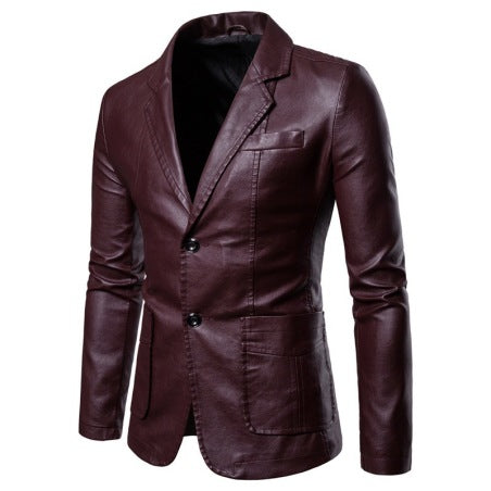 Men's cognac brown lambskin leather blazer with notch lapels and button cuffs, slim tailored fit