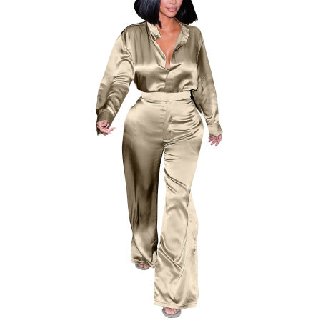 Champagne silk blend draped two-piece set with relaxed silhouette for all body types
