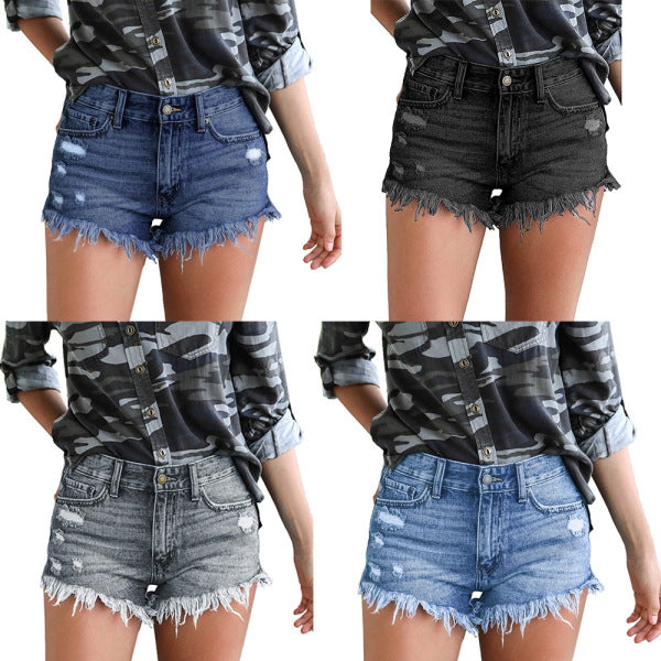 Women's high-rise distressed denim shorts with raw hem, stretchy flattering fit for summer