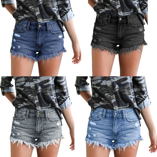 Women's high-rise distressed denim shorts with raw hem, stretchy flattering fit for summer