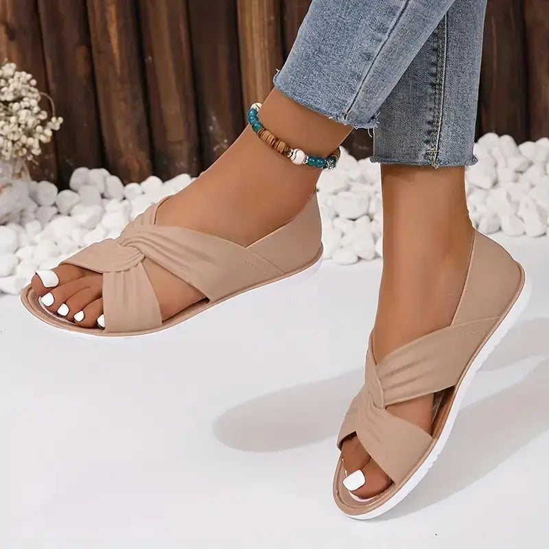 Women's beige slide sandals twist front design soft cushioned footbed slip-on casual comfort flats
