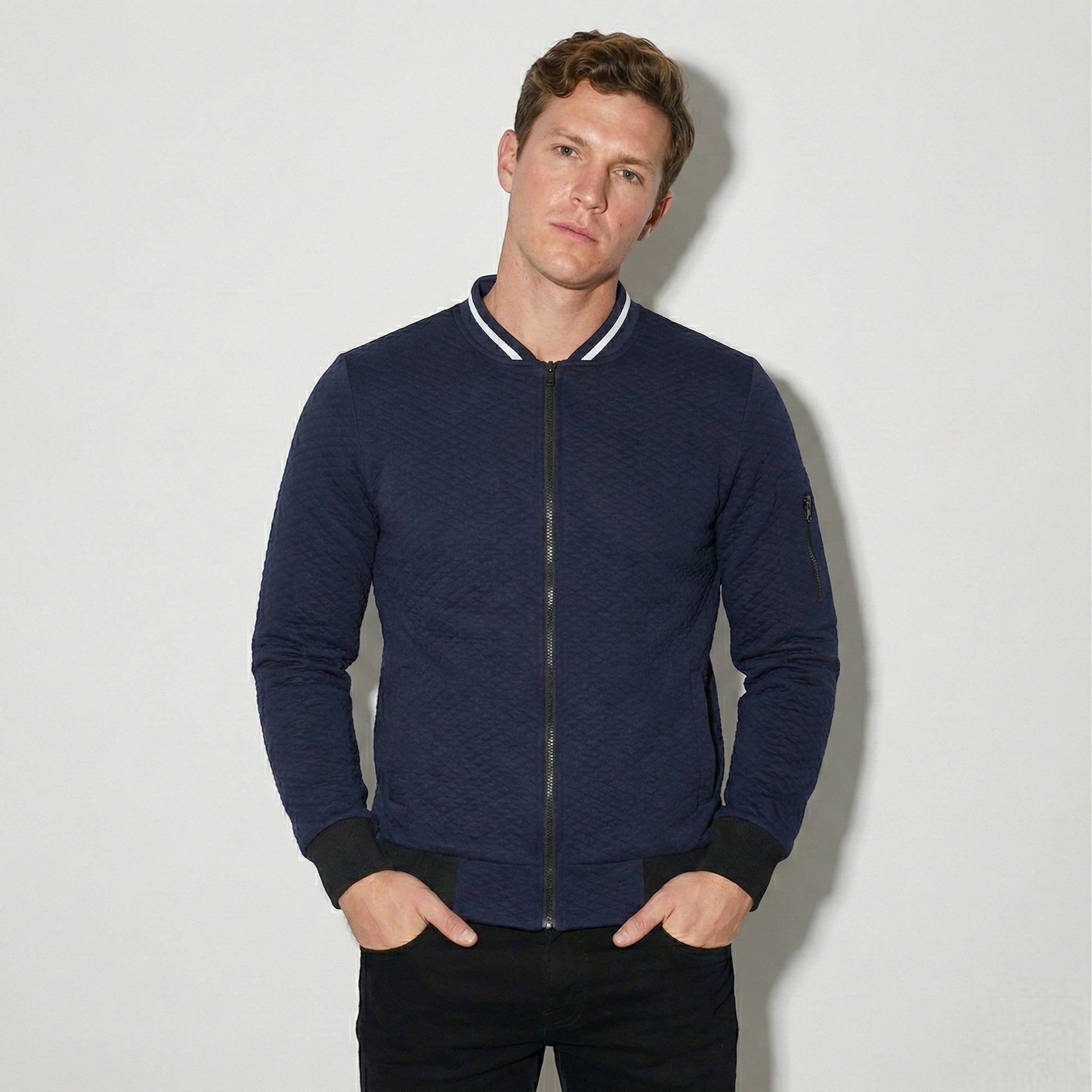 Men's slim-fit zip-up sweater in neutral tone, breathable blended fabric with elastic cuffs and hem