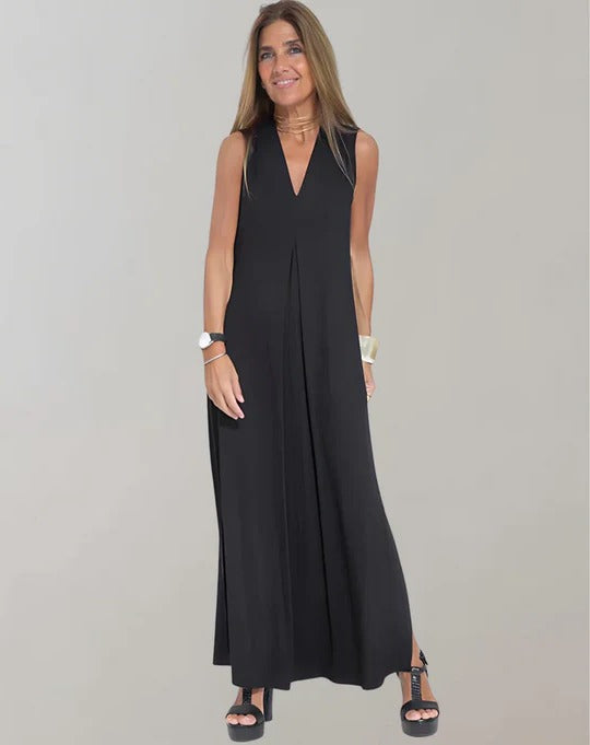 Women's sleeveless full-length V-neck slimming dress relaxed draped silhouette everyday elegance