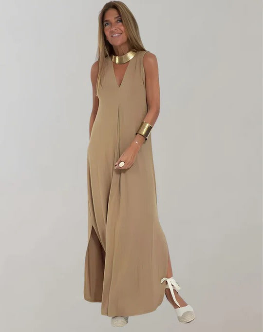 Women's sleeveless full-length V-neck slimming dress in relaxed draped silhouette for everyday elegance