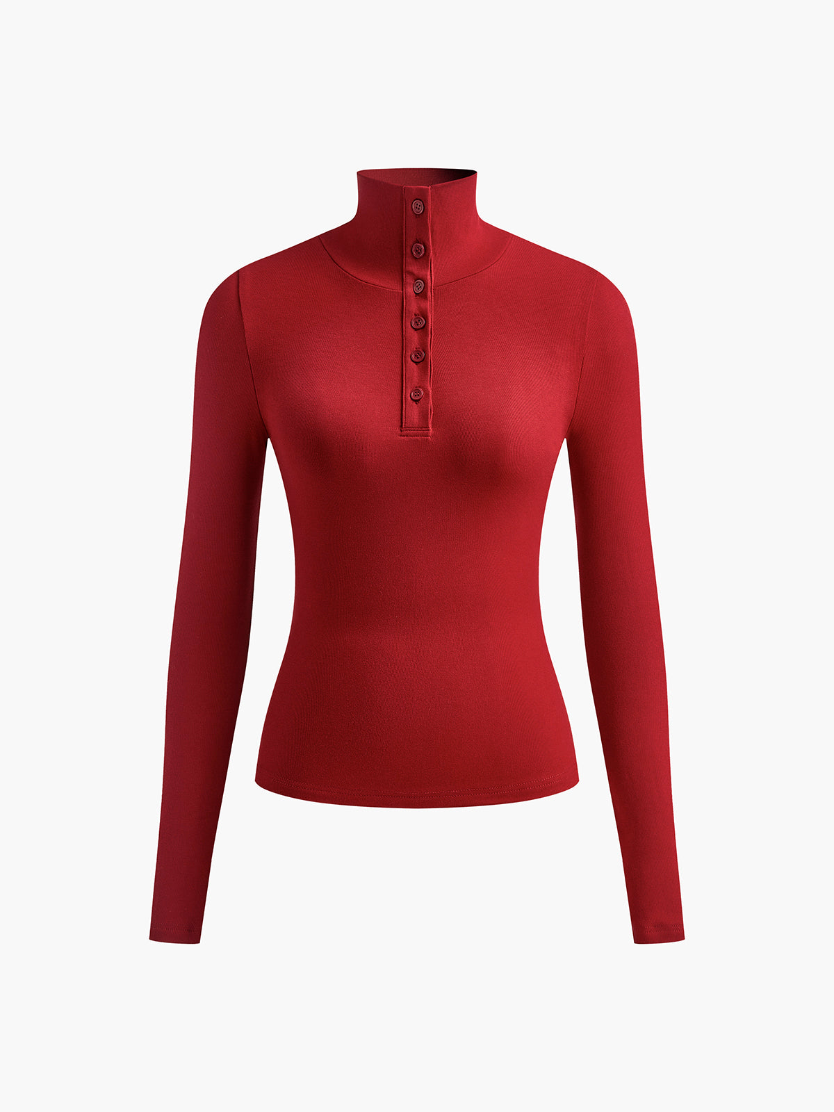 Women's slim fit stretch jersey button-up shirt with funnel neckline and long sleeves for everyday wear